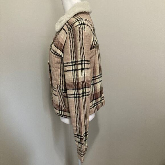 Pink Plaid Faux Shearling Trim Jacket size S NWT Knit Pockets - Picture 6 of 9